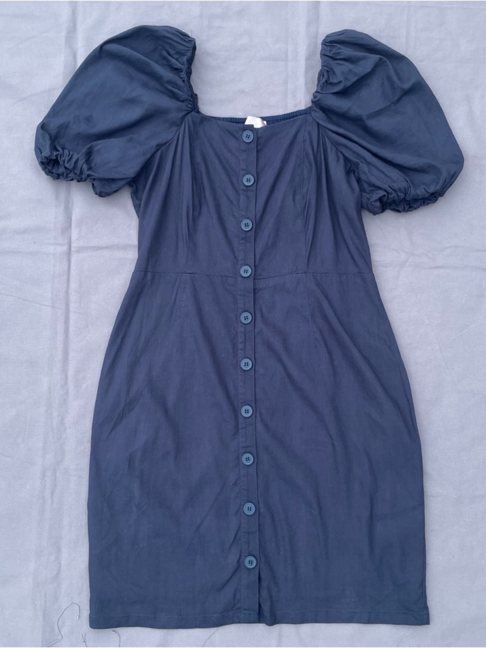 Rachel Parcell Square Neck navy Blue Puff Sleeve Linen Blend Dress M POC